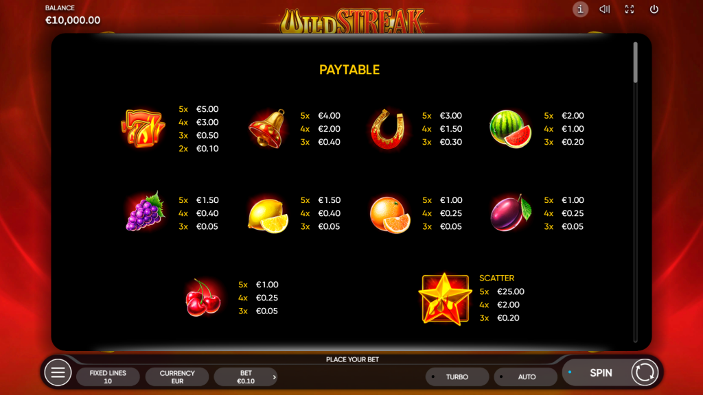 Wild Streak Slot Symbols
